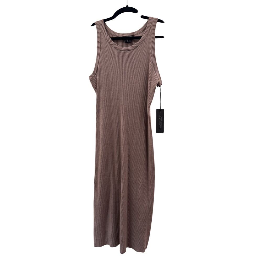 RACHEL ZOE Dress Womens Tan Sleeveless Ribbed Knit Crew Neck Sweater Midi Dress